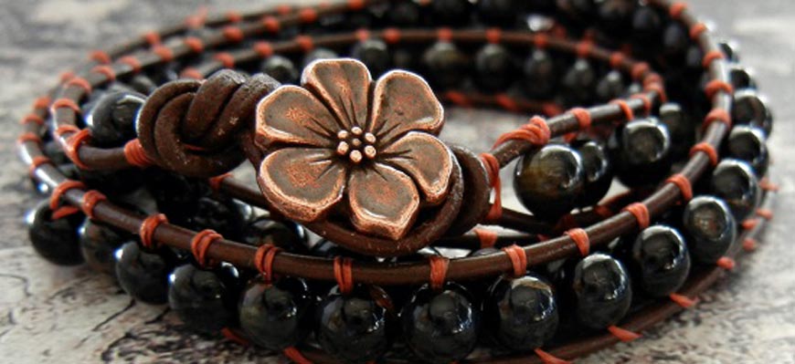 beaded leather bracelet with flower