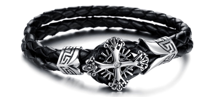 black leather bracelet with cross