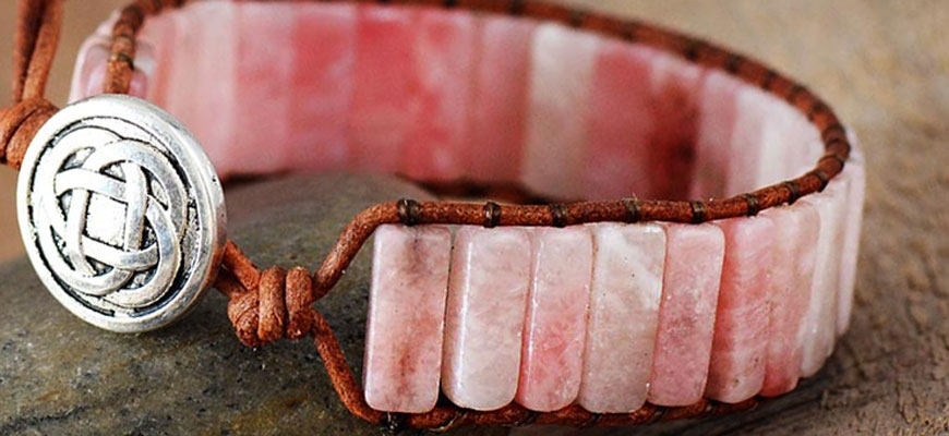 leather bracelet with pink opal crystals