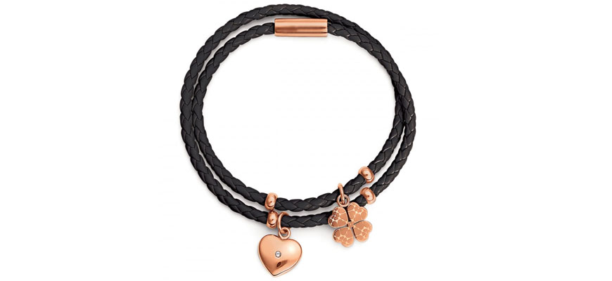 leather bracelet with rose gold charms