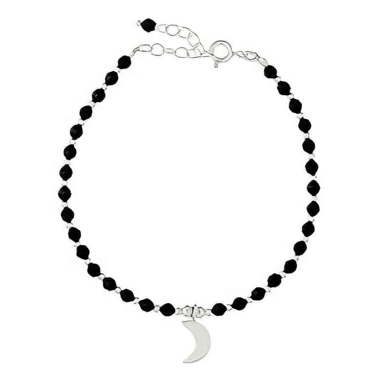 Black Agate & Silver Beads Bracelet Crescent Moon Charm 