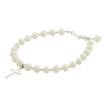 Freshwater Pearl & Silver Beads Bracelet with Cross Charm by BeYindi 