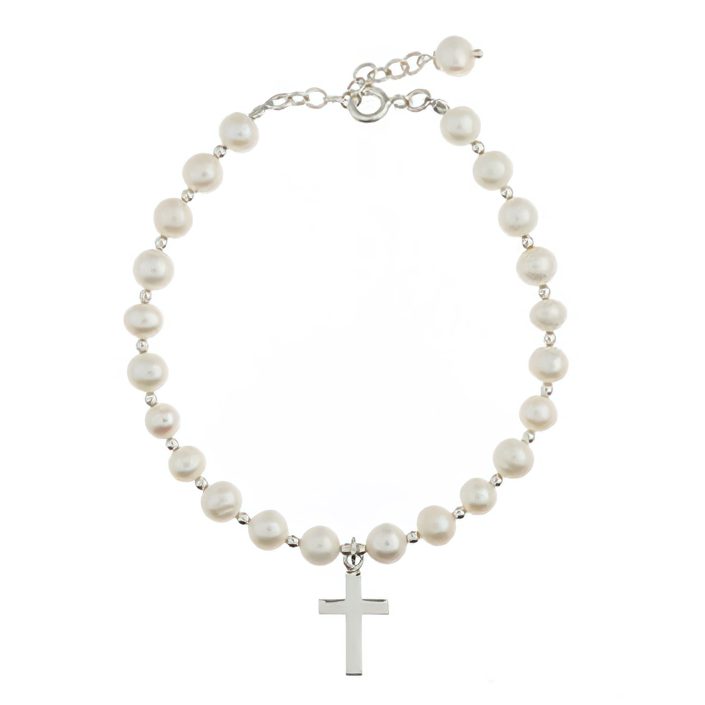 Freshwater Pearl & Silver Beads Bracelet with Cross Charm 