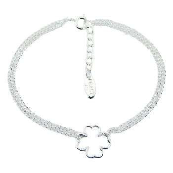 Double silver chain bracelet lucky clover charm 