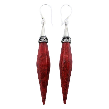 long faceted red coral silver earrings 
