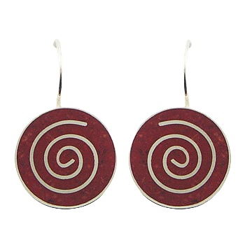 Red coral silver spiral inlay earring 