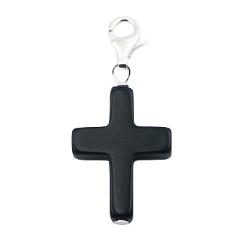 Cross shaped black agate silver charm 