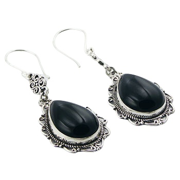 Gorgeous black agate cabochon pear shaped gemstone ajoure soldered sterling silver earrings by BeYindi 