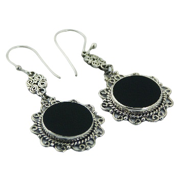 Ornamented ajoure black agate gemstone hand soldered sterling silver earrings by BeYindi 