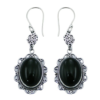 Convexed black agate ornamented hand soldered sterling silver earrings 