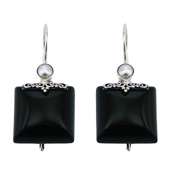 Black agate freshwater pearl sterling silver drop earrings 