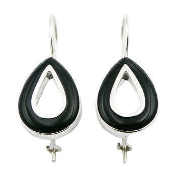 Black agate drop open silver earrings 