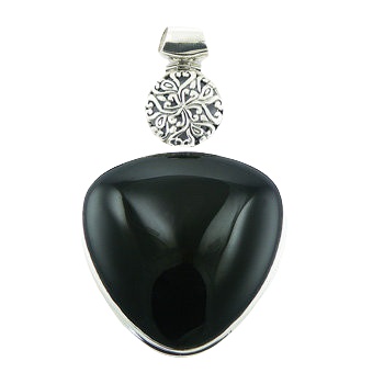 Silver black agate smoothed triangular pendant 