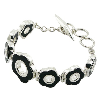 Silver bracelet black agate flower 