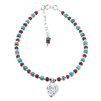 Turquoise, glass silver beads bracelet silver heart charm 