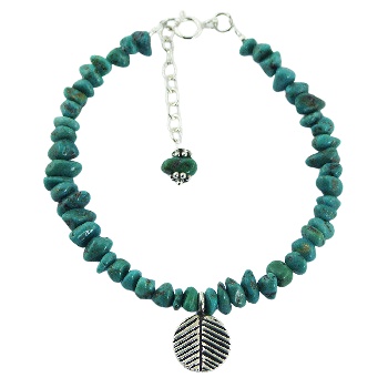 Turquoise beads bracelet silver leaf charm 