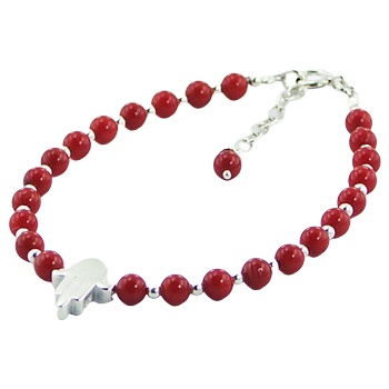 Red coral or black agate bead bracelet with hamsa charm in silver by BeYindi 