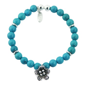 Turquoise stretch bracelet silver flower charm 