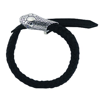 Black leather bracelet silver snake head 