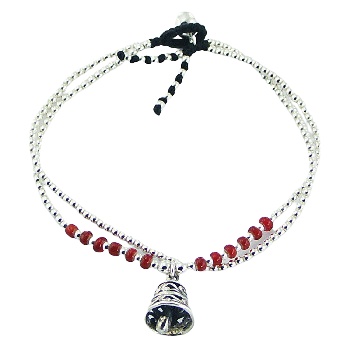 Double macrame bracelet silver beads bell charm 