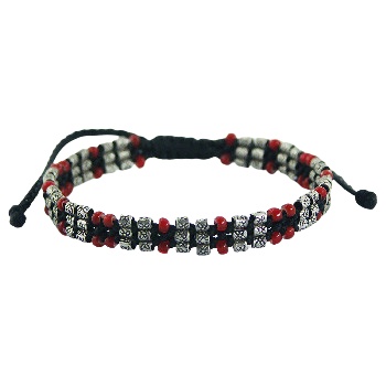 Macrame bracelet triple row red glass and silver beads 