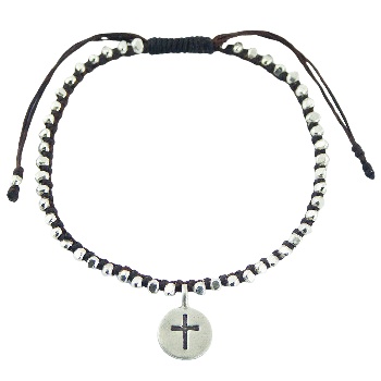 Macrame bracelet silver beads and silver charm with cross 