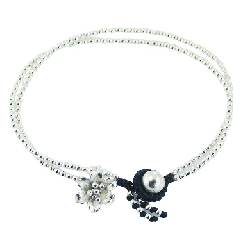 Double macrame bracelet silver beads flower 