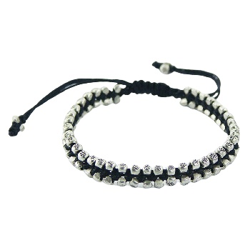 Macrame bracelet two rows silver beads with flower pattern 