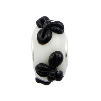 White murano glass black flower silver bead 