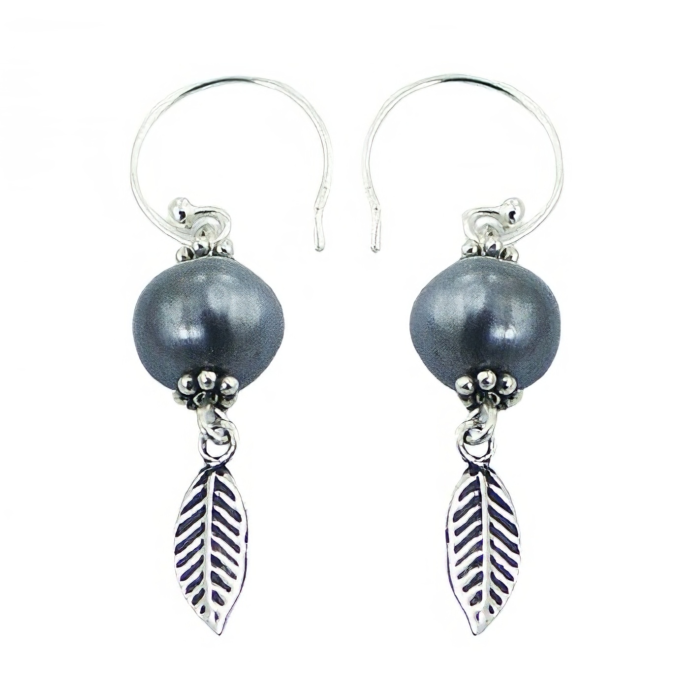 Silver feather freshwater pearl earrings 