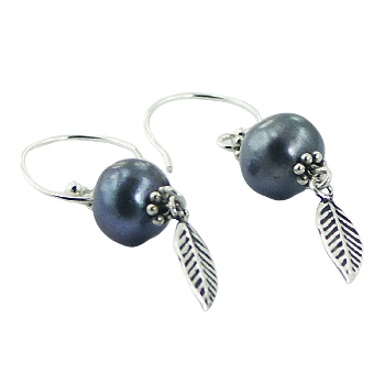 Exclusive ornate silver feather black freshwater pearl earrings by BeYindi 