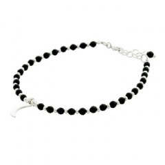 Black Agate & Silver Beads Bracelet Crescent Moon Charm 