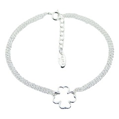 Double silver chain bracelet with lucky clover charm 13 mm