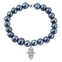 Stretch pearl bracelet silver hamsa charm 