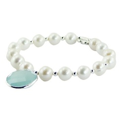 Pearl bracelet chalcedony charm and silver butterfly 