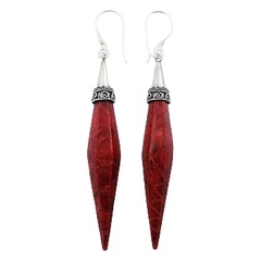 Luxury long conical red sponge faceted coral sterling silver caps earrings