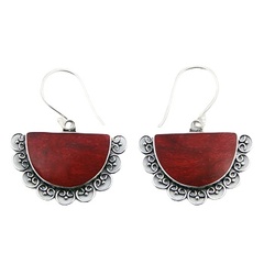Semi-circle vintage red sponge coral hand soldered sterling silver decorated earrings