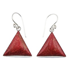 Triangle red sponge coral sterling silver framed dangle earrings