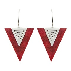 Triangle red sponge coral engraved sterling silver drop earrings