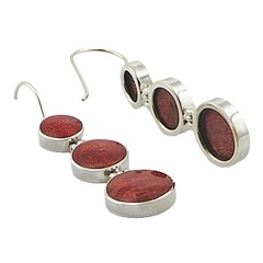 Stacked triple red coral silver earrings 