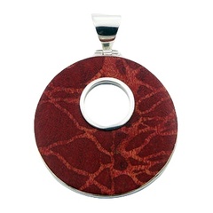 Fashionable red coral pendant disc with open circle in sterling silver frame