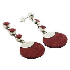 Coral cabochons disc silver earrings 