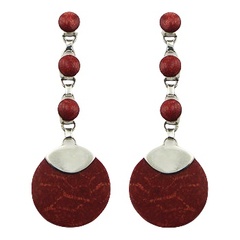 Elegant exquisite sponge coral red colored cabochons disc sterling silver plated earrings