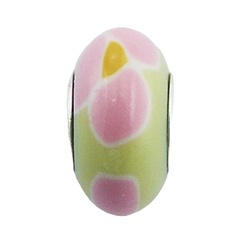 Hand painted pink yellow soft colored Fimo glossy lacquer sterling silver core bead