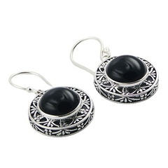 Round black agate ajoure silver earrings 