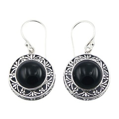 Elegant contrasting round gloss black agate gemstone ajoure polished sterling silver earrings