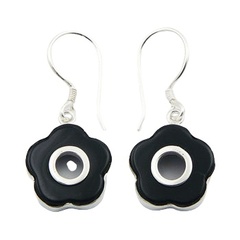 Cute dangle flower shaped contrast black agate and polished sterling silver earrings