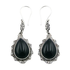 Gorgeous black agate cabochon pear shaped gemstone ajoure soldered sterling silver earrings by BeYindi