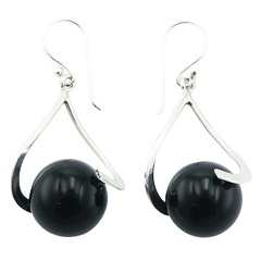 Dangling black agate gemstone bent polished sterling silver earrings