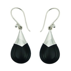 Pear cut black agate gemstone sterling silver cone cap contrasting earrings